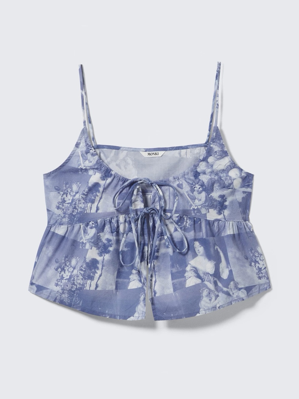 MONKI Blue French Renaissance Print Cotton Poplin Cami Tie Front Coquette Top
